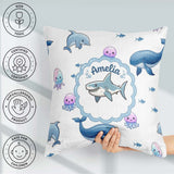Custom Name Dolphin Shark and Jellyfish Ocean Animals Light Grey Square Filled Cushion Throw Pillow Sofa Bed Home Decor Zip Washable UK Made
