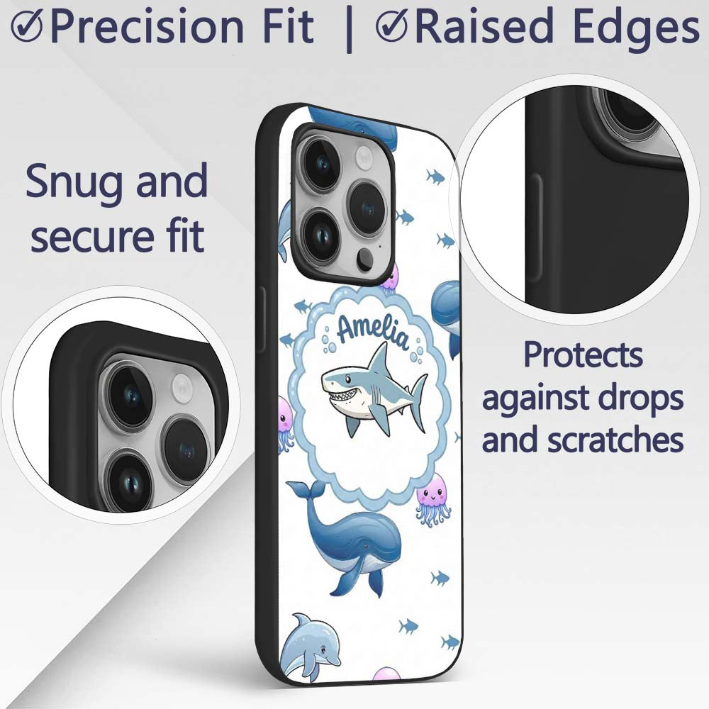 Cute Dolphin Shark and Jellyfish Ocean Animals Custom Name Protective Phone Case Mobile Cover Durable Everyday Smartphone Shock Resistant