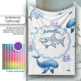 Cute Dolphin Shark and Jellyfish Ocean Animals Light Grey Background  Personalised Custom Name Super Soft Fleece Blanket Bed Sofa Throw
