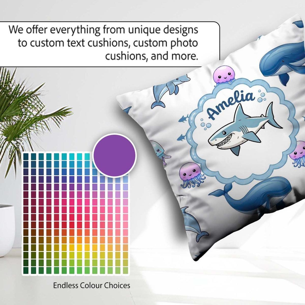 Custom Name Dolphin Shark and Jellyfish Ocean Animals Light Grey Square Filled Cushion Throw Pillow Sofa Bed Home Decor Zip Washable UK Made