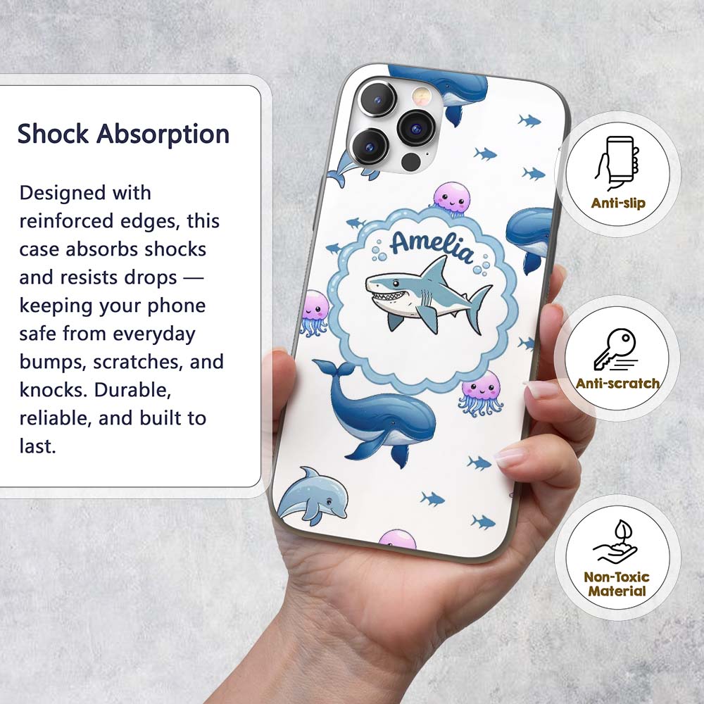 Cute Dolphin Shark and Jellyfish Ocean Animals Custom Name Protective Phone Case Mobile Cover Durable Everyday Smartphone Shock Resistant