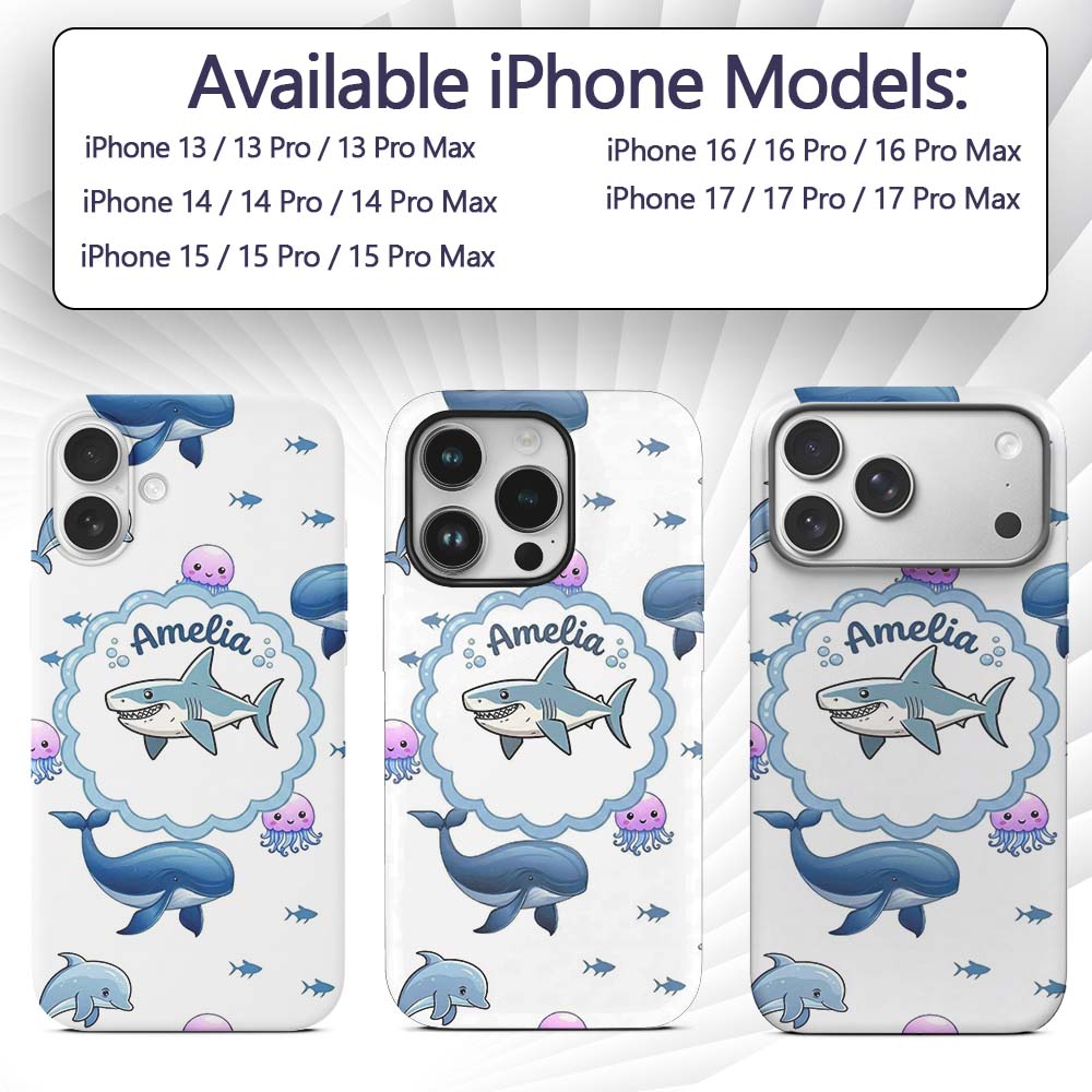 Cute Dolphin Shark and Jellyfish Ocean Animals Custom Name Protective Phone Case Mobile Cover Durable Everyday Smartphone Shock Resistant