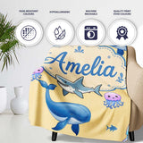 Cute Dolphin Shark and Jellyfish Ocean Animals Warm Yellow Lovely  Personalised Custom Name Super Soft Fleece Blanket Bed Sofa Throw