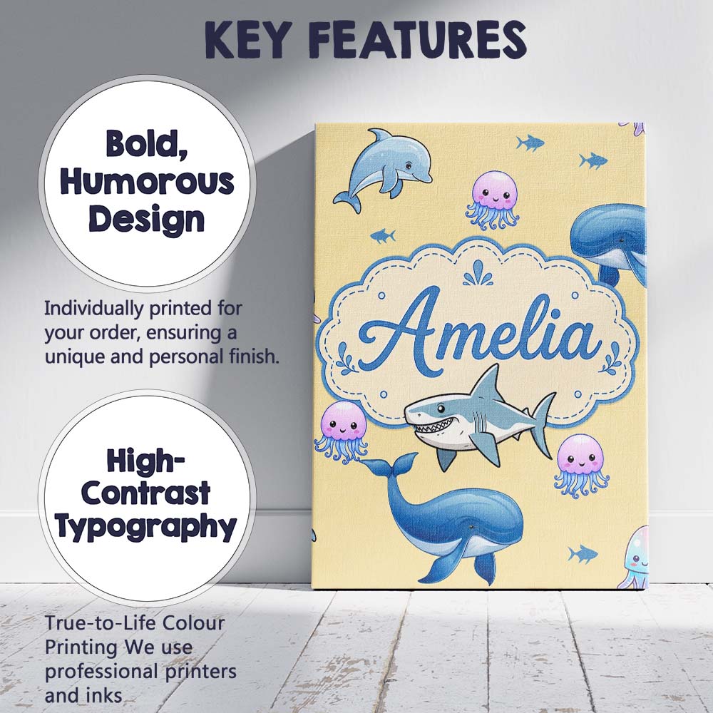 Personalised Name Cute Dolphin Shark and Custom  Unique Gift Idea Elegant Feature Canvas Wall Art Print Decor Picture Ready to Hang