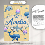 Cute Dolphin Shark and Jellyfish Ocean Animals Warm Yellow Lovely  Personalised Custom Name Super Soft Fleece Blanket Bed Sofa Throw
