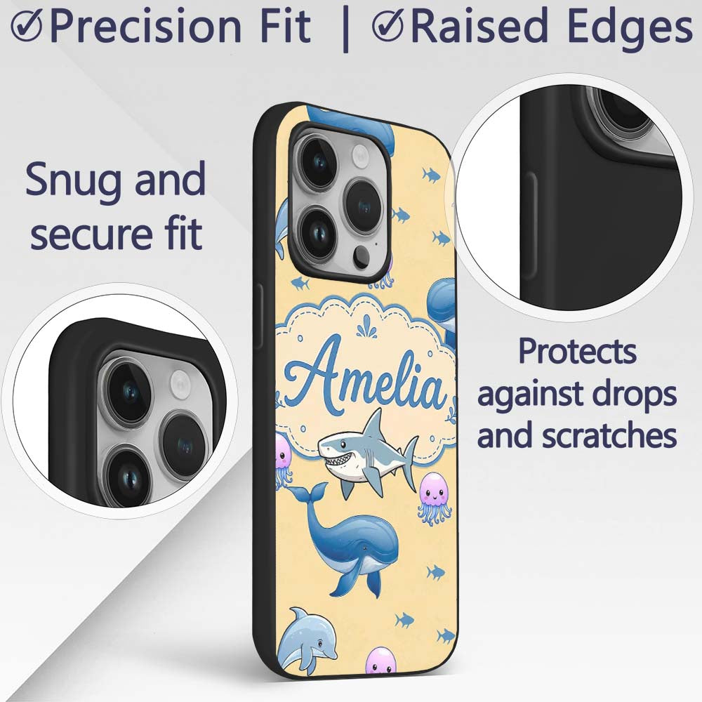 Cute Dolphin Shark and Jellyfish Ocean Animals Custom Name Protective Phone Case Mobile Cover Durable Everyday Smartphone Shock Resistant