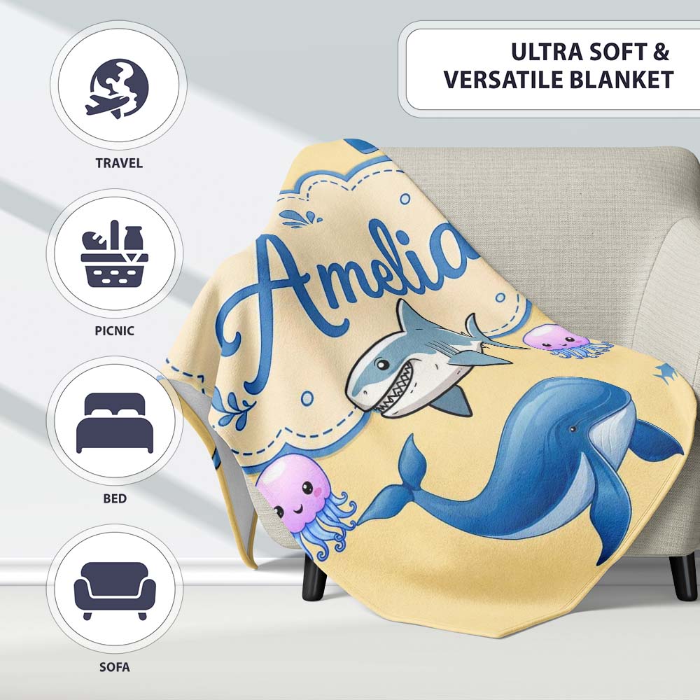 Cute Dolphin Shark and Jellyfish Ocean Animals Warm Yellow Lovely  Personalised Custom Name Super Soft Fleece Blanket Bed Sofa Throw