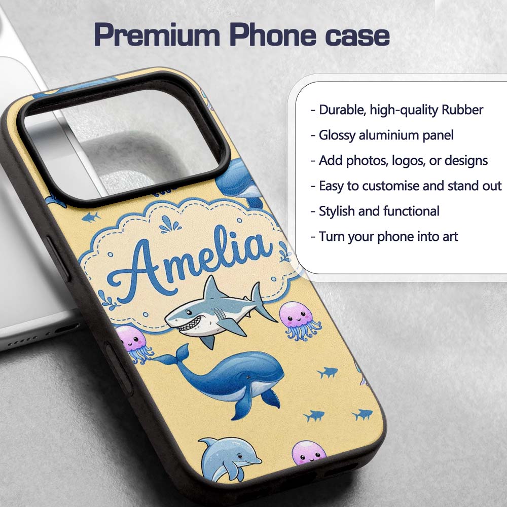 Cute Dolphin Shark and Jellyfish Ocean Animals Custom Name Protective Phone Case Mobile Cover Durable Everyday Smartphone Shock Resistant