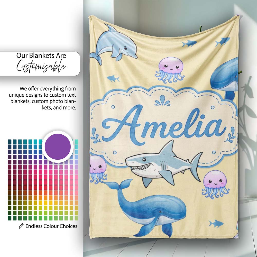 Cute Dolphin Shark and Jellyfish Ocean Animals Warm Yellow Lovely  Personalised Custom Name Super Soft Fleece Blanket Bed Sofa Throw