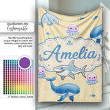 Cute Dolphin Shark and Jellyfish Ocean Animals Warm Yellow Lovely  Personalised Custom Name Super Soft Fleece Blanket Bed Sofa Throw