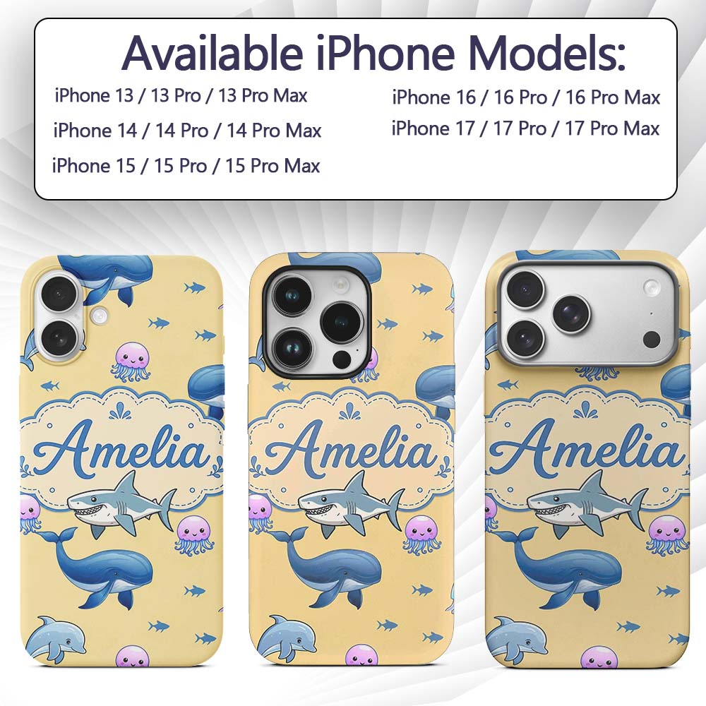 Cute Dolphin Shark and Jellyfish Ocean Animals Custom Name Protective Phone Case Mobile Cover Durable Everyday Smartphone Shock Resistant