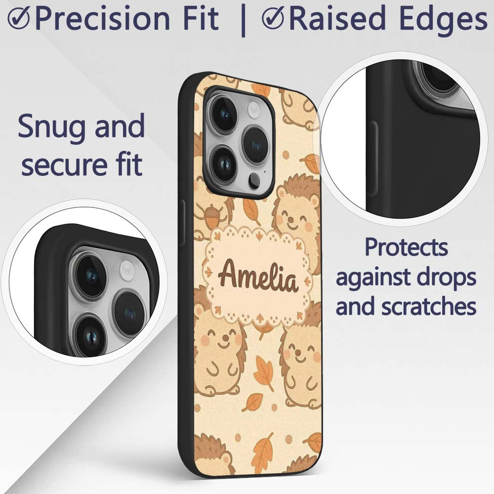 Cute Hedgehog Autumn Cartoon Decorative Design Custom Name Protective Phone Case Mobile Cover Durable Everyday Smartphone Shock Resistant
