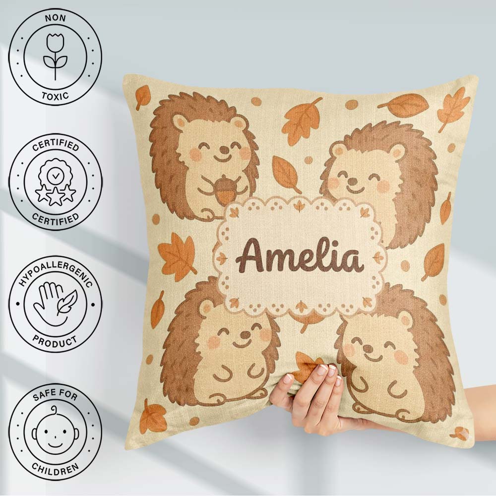 Custom Name Cute Hedgehog Autumn Cartoon Animal Pattern Coffee Square Filled Cushion Throw Pillow Sofa Bed Home Decor Zip Washable UK Made