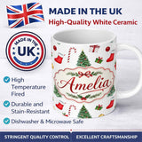 Personalized Custom Name Christmas Tree Gifts Candy Cane Stockings Seamless Pattern Lovely 11oz Ceramic Coffee Tea Mug White Large Handle