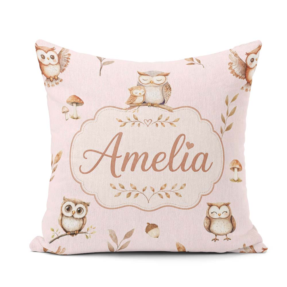 Custom Name Cute Owls Mushrooms and Leaves Soft Blush Background Square Filled Cushion Throw Pillow Sofa Bed Home Decor Zip Washable UK Made