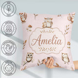Custom Name Cute Owls Mushrooms and Leaves Soft Blush Background Square Filled Cushion Throw Pillow Sofa Bed Home Decor Zip Washable UK Made