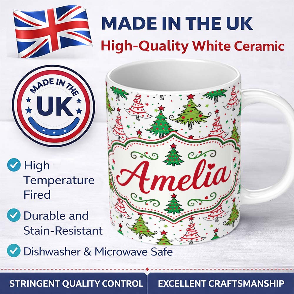 Personalized Custom Name Whimsical Christmas Trees with Red Green Patterns and Stars Seamless 11oz Ceramic Coffee Tea Mug White Large Handle