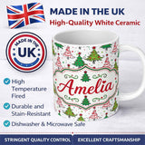 Personalized Custom Name Whimsical Christmas Trees with Red Green Patterns and Stars Seamless 11oz Ceramic Coffee Tea Mug White Large Handle