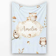 Cute Woodland Owls Mushrooms and Leaves Soft Blue Background Lovely  Personalised Custom Name Super Soft Fleece Blanket Bed Sofa Throw
