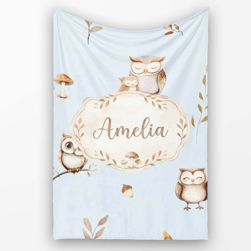 Cute Woodland Owls Mushrooms and Leaves Soft Blue Background Lovely  Personalised Custom Name Super Soft Fleece Blanket Bed Sofa Throw