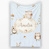 Cute Woodland Owls Mushrooms and Leaves Soft Blue Background Lovely  Personalised Custom Name Super Soft Fleece Blanket Bed Sofa Throw