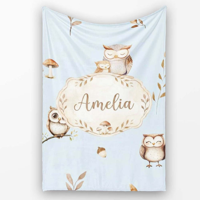 Cute Woodland Owls Mushrooms and Leaves Soft Blue Background Lovely  Personalised Custom Name Super Soft Fleece Blanket Bed Sofa Throw