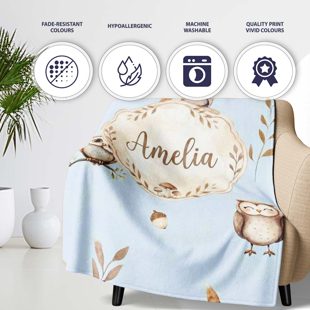 Cute Woodland Owls Mushrooms and Leaves Soft Blue Background Lovely  Personalised Custom Name Super Soft Fleece Blanket Bed Sofa Throw