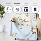 Cute Woodland Owls Mushrooms and Leaves Soft Blue Background Lovely  Personalised Custom Name Super Soft Fleece Blanket Bed Sofa Throw