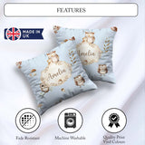 Custom Name Cute Owls Mushrooms and Leaves Soft Blue Background Square Filled Cushion Throw Pillow Sofa Bed Home Decor Zip Washable UK Made