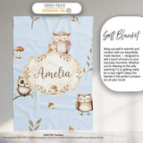 Cute Woodland Owls Mushrooms and Leaves Soft Blue Background Lovely  Personalised Custom Name Super Soft Fleece Blanket Bed Sofa Throw