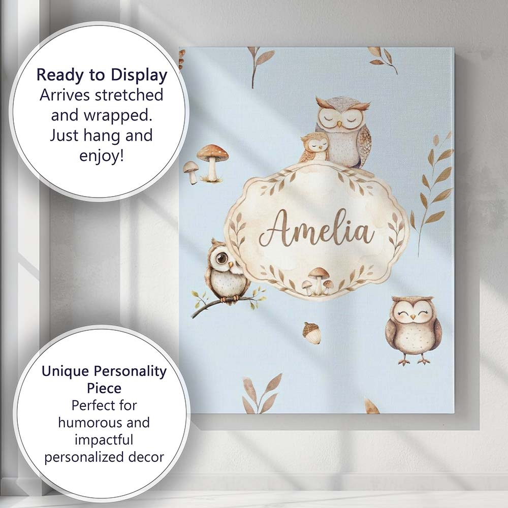 Personalised Name Cute Woodland Owls Custom Premium Decorative Design Modern Room Accent Canvas Wall Art Print Decor Picture Ready to Hang