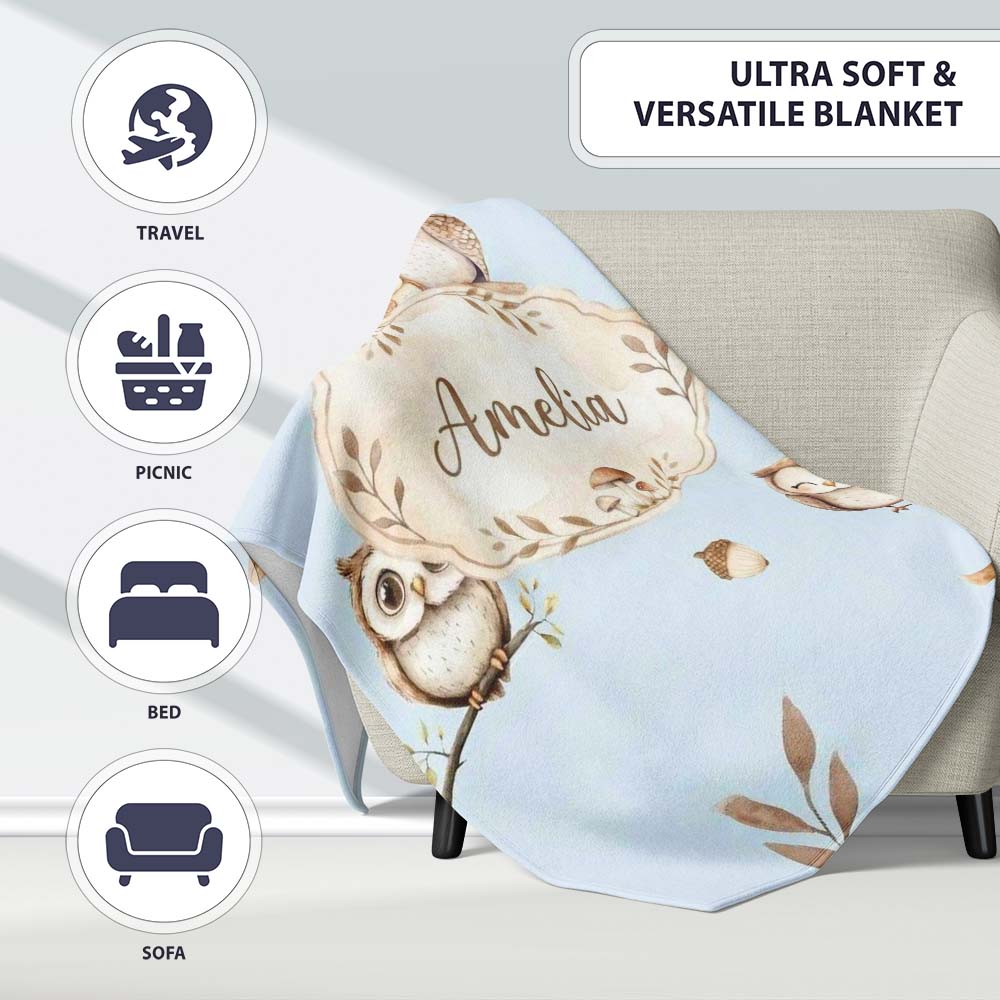 Cute Woodland Owls Mushrooms and Leaves Soft Blue Background Lovely  Personalised Custom Name Super Soft Fleece Blanket Bed Sofa Throw