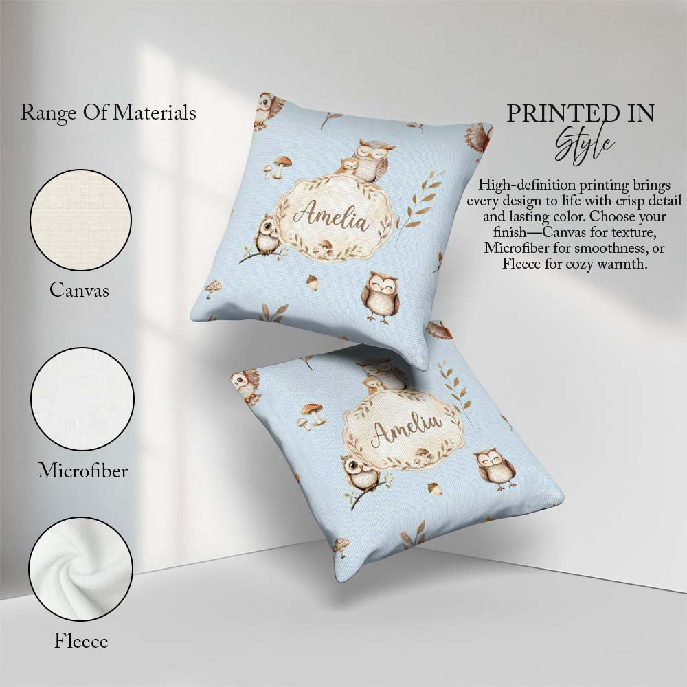 Custom Name Cute Owls Mushrooms and Leaves Soft Blue Background Square Filled Cushion Throw Pillow Sofa Bed Home Decor Zip Washable UK Made