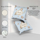 Custom Name Cute Owls Mushrooms and Leaves Soft Blue Background Square Filled Cushion Throw Pillow Sofa Bed Home Decor Zip Washable UK Made