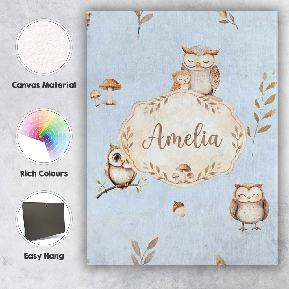 Personalised Name Cute Woodland Owls Custom Premium Decorative Design Modern Room Accent Canvas Wall Art Print Decor Picture Ready to Hang
