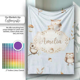 Cute Woodland Owls Mushrooms and Leaves Soft Blue Background Lovely  Personalised Custom Name Super Soft Fleece Blanket Bed Sofa Throw
