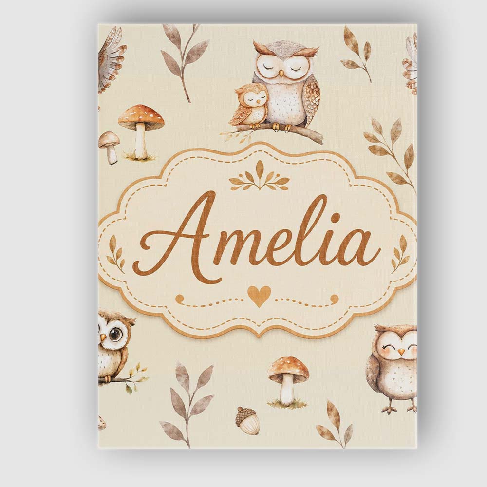 Personalised Name Cute Woodland Owls Custom Premium Decorative Design Modern Room Accent Canvas Wall Art Print Decor Picture Ready to Hang