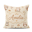 Custom Name Cute Owls Mushrooms and Leaves Warm Beige Background Square Filled Cushion Throw Pillow Sofa Bed Home Decor Zip Washable UK Made