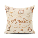 Custom Name Cute Owls Mushrooms and Leaves Warm Beige Background Square Filled Cushion Throw Pillow Sofa Bed Home Decor Zip Washable UK Made