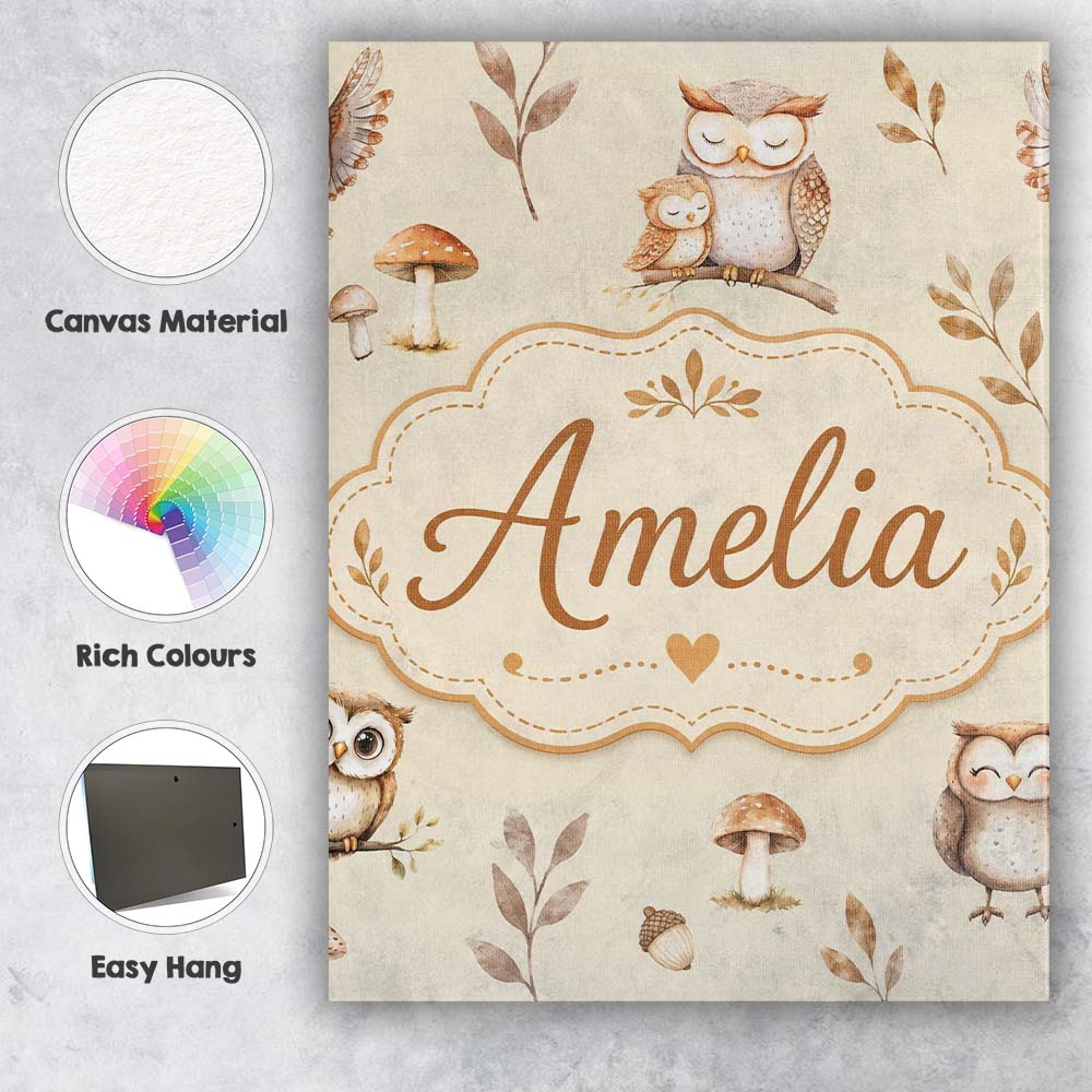 Personalised Name Cute Woodland Owls Custom Premium Decorative Design Modern Room Accent Canvas Wall Art Print Decor Picture Ready to Hang