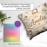 Custom Name Cute Owls Mushrooms and Leaves Warm Beige Background Square Filled Cushion Throw Pillow Sofa Bed Home Decor Zip Washable UK Made