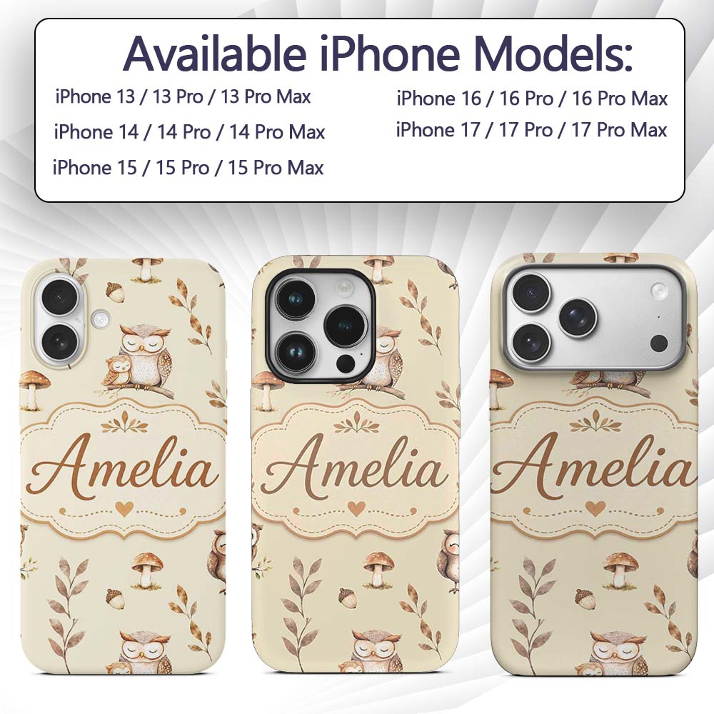 Cute Woodland Owls Mushrooms and Leaves Warm Custom Name Protective Phone Case Mobile Cover Durable Everyday Smartphone Shock Resistant