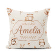 Custom Name Cute Woodland Owls Mushrooms and Leaves Neutral Grey Square Filled Cushion Throw Pillow Sofa Bed Home Decor Zip Washable UK Made