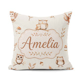 Custom Name Cute Woodland Owls Mushrooms and Leaves Neutral Grey Square Filled Cushion Throw Pillow Sofa Bed Home Decor Zip Washable UK Made