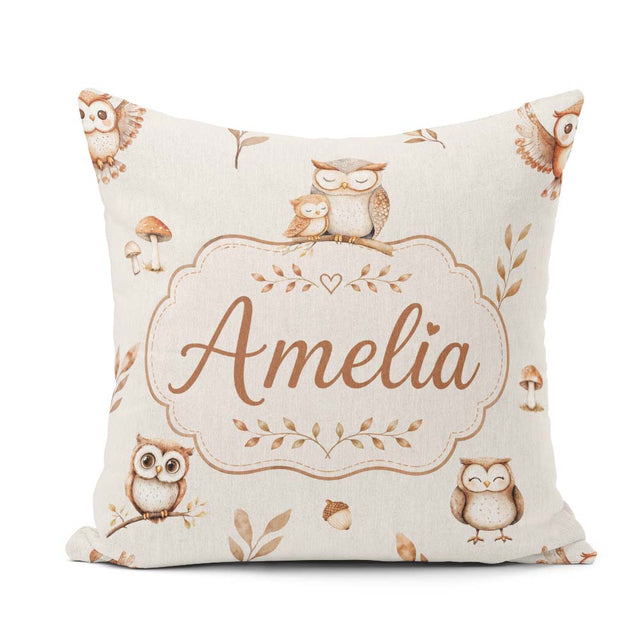 Custom Name Cute Woodland Owls Mushrooms and Leaves Neutral Grey Square Filled Cushion Throw Pillow Sofa Bed Home Decor Zip Washable UK Made