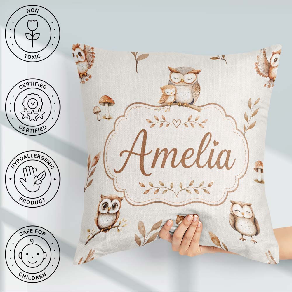 Custom Name Cute Woodland Owls Mushrooms and Leaves Neutral Grey Square Filled Cushion Throw Pillow Sofa Bed Home Decor Zip Washable UK Made
