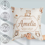 Custom Name Cute Woodland Owls Mushrooms and Leaves Neutral Grey Square Filled Cushion Throw Pillow Sofa Bed Home Decor Zip Washable UK Made