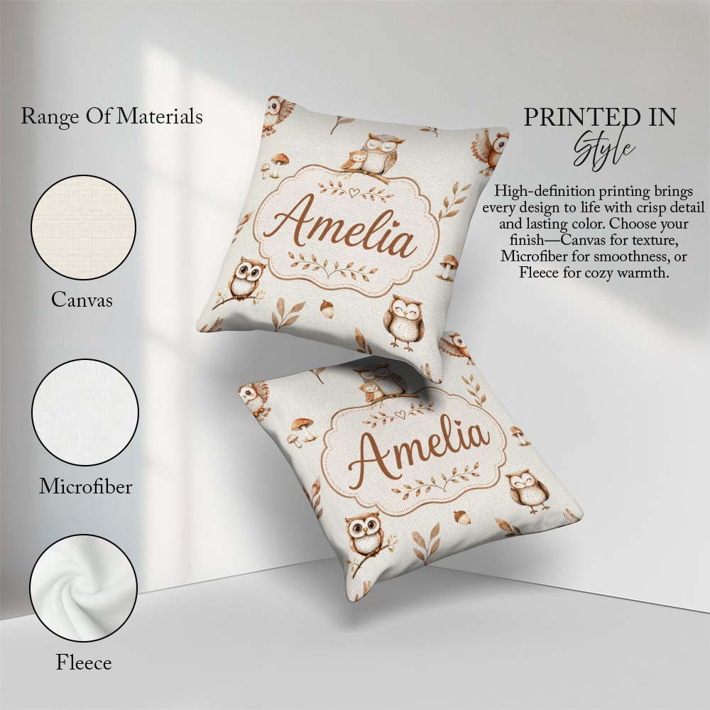 Custom Name Cute Woodland Owls Mushrooms and Leaves Neutral Grey Square Filled Cushion Throw Pillow Sofa Bed Home Decor Zip Washable UK Made