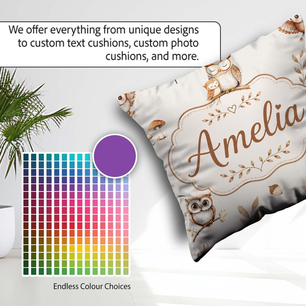 Custom Name Cute Woodland Owls Mushrooms and Leaves Neutral Grey Square Filled Cushion Throw Pillow Sofa Bed Home Decor Zip Washable UK Made