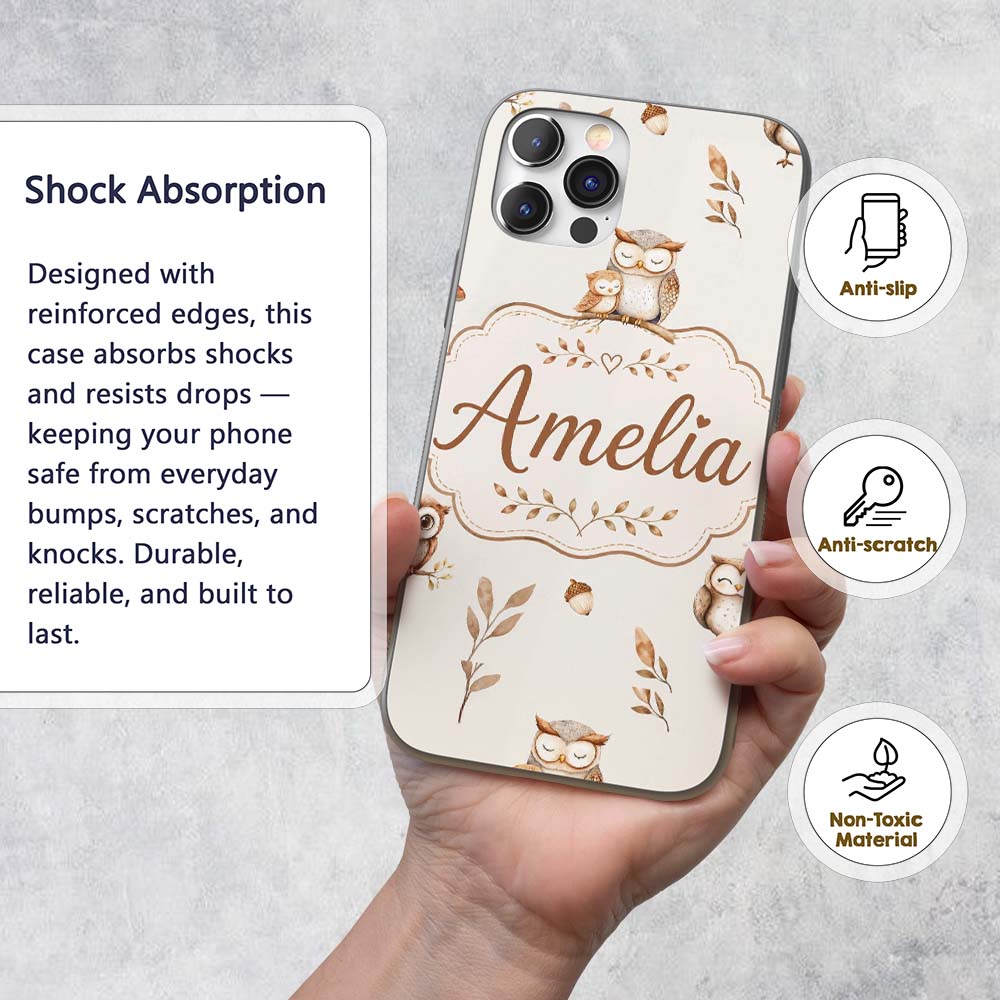 Cute Woodland Owls Mushrooms and Leaves Neutral Custom Name Protective Phone Case Mobile Cover Durable Everyday Smartphone Shock Resistant